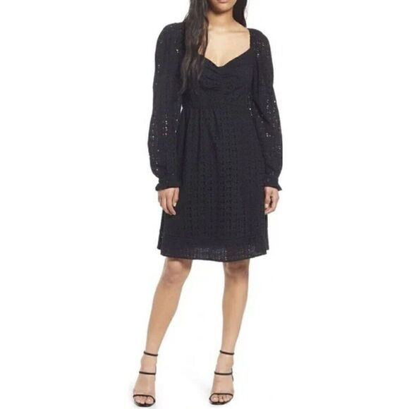 Chelsea28 Cinched Front Eyelet Long Sleeve A-Line Dress Black Size Small. NWT. - Picture 1 of 5